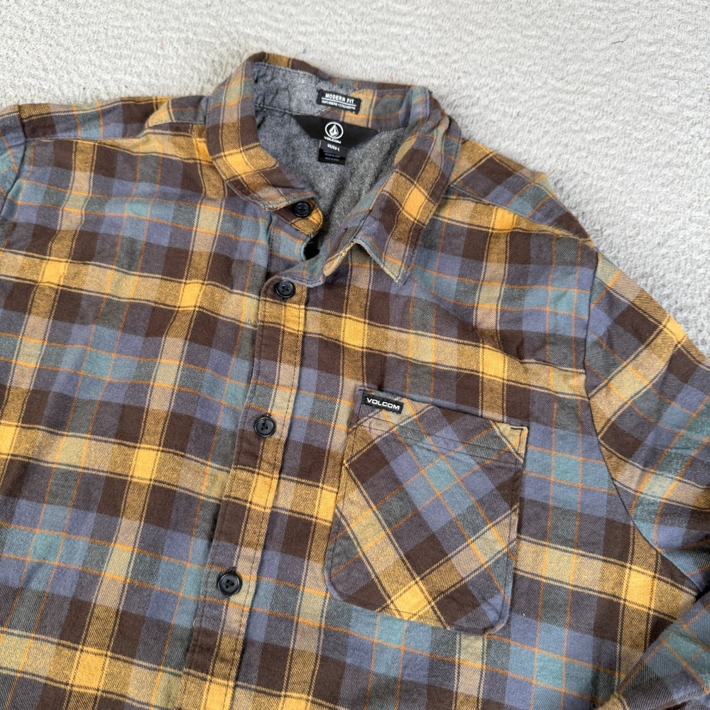 Volcom Flannel Shirt Mens L Brown Yellow Plaid Modern Fit Long Sleeve Cotton